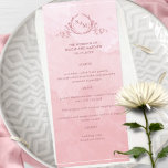 Acuarela Rosa turbia de moda, menú Boda de monogra<br><div class="desc">Deliciosa y polvorienta carta boda de acuarela, con un elegante monograma botánico dibujado a mano con iniciales de la pareja sobre un exquisito fondo acuarela, en una bonita mezcla de rosa polvoriento y tonos rosas. Fácil rellenar la plantilla con sus detalles y menú y pedir sus impresiones! Parte de nuestra...</div>