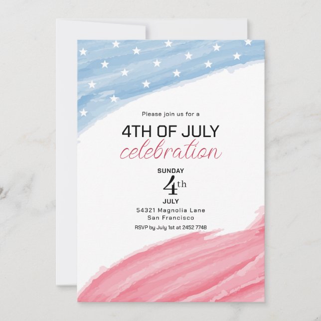 Acuarela rosa y azul 4 de julio invitaciones (Anverso)