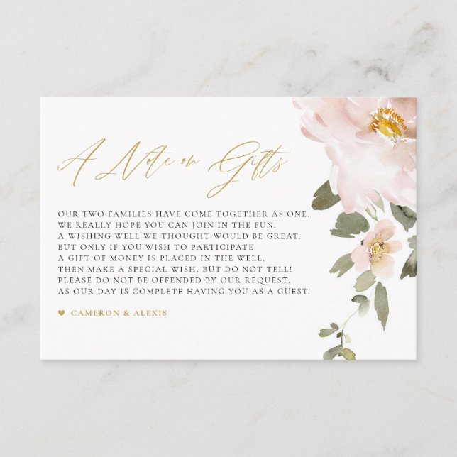 Acuarela Rubor Flores Boda Nota sobre regalos (Anverso)