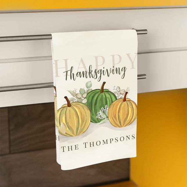 Acuarela Sencilla Goura de Calabaza Feliz Día de G (Happy Thanksgiving with watercolor gourds, personalized kitchen towel.)