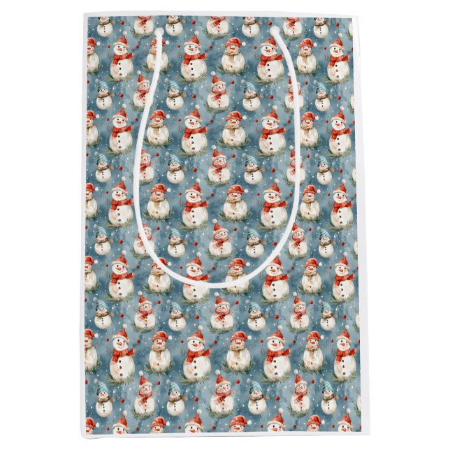 Acuarela Snowmen en bolsa de regalo azul (Anverso)
