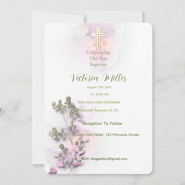 Acuarela suave y invitación al bautismo cruzado do (Anverso)
