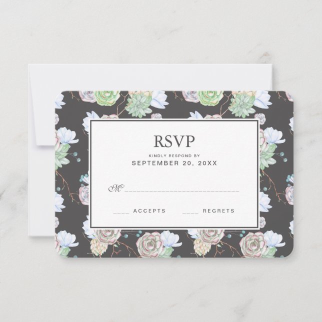 Acuarela | Suculentos y ramas - RSVP de boda (Anverso)