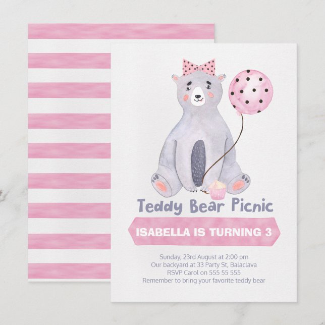 Acuarela Teddy Bear Invitación al cumpleaños (Anverso / Reverso)