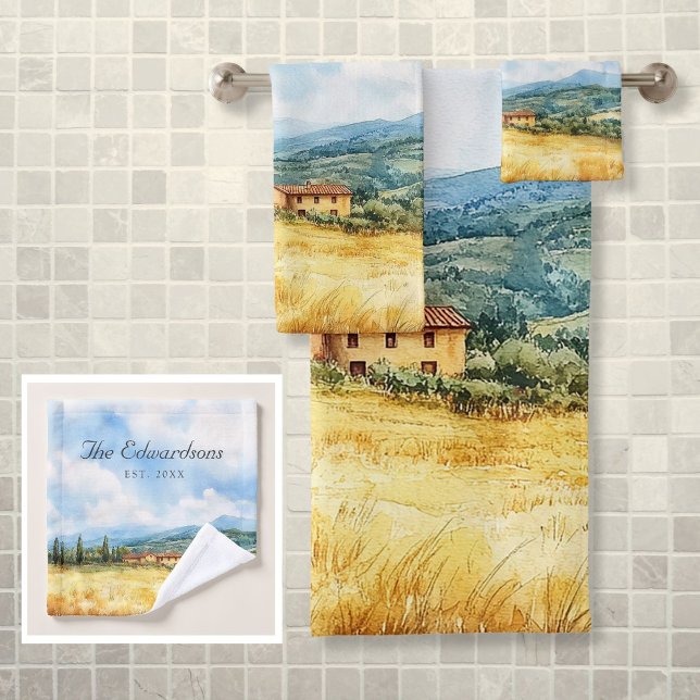 Acuarela Toscana (Watercolor Tuscan Mediterranean Family Name Bath Towel Set)