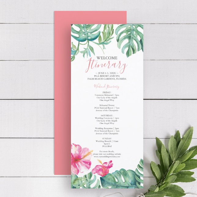 Acuarela Tropical Boda Floral Itinerario (tropical beach wedding welcome itinerary features watercolor palm leaves and pink hibiscus flowers)