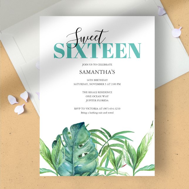 Acuarela Tropical Dulce 16 Invitaciones de cumplea (birthday party sweet 16 tropical luau green monstera palm leaves)