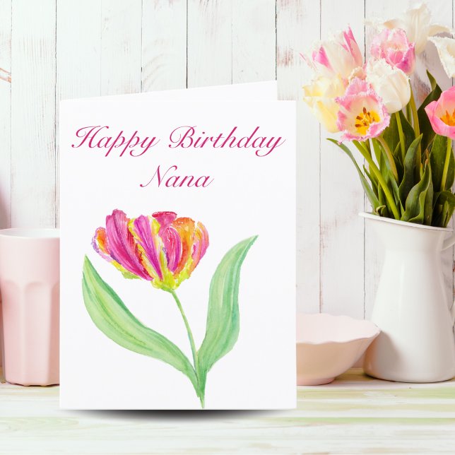 Acuarela Tulipán rosa caliente Cumpleaños Tarjeta  (Nana's joy: Tulip beauty in watercolor. A birthday gift she'll treasure.)