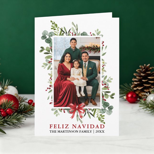 Acuarela Verde Feliz Navidad Lazo Rojo Plegado (Customize to add text to inside of card.)