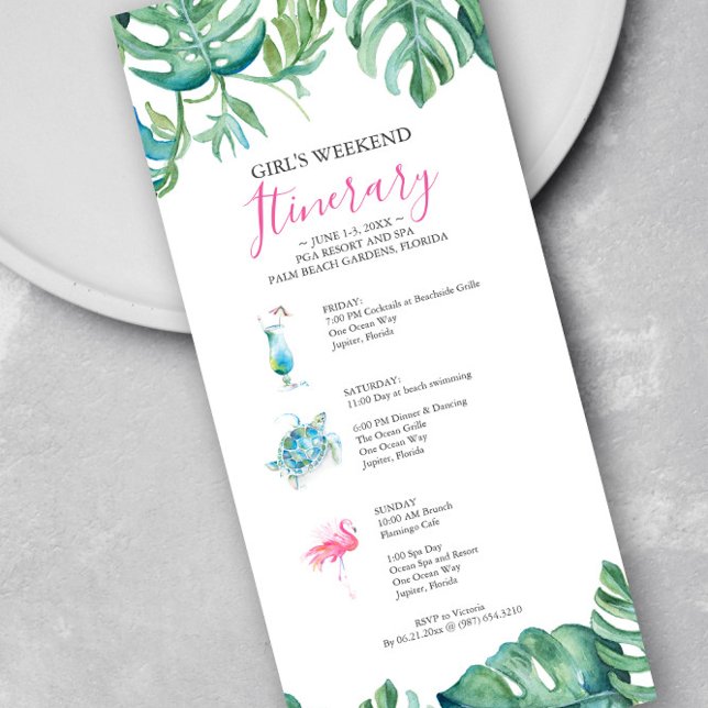 Acuarela Verde tropical Itinerario fin de semana (Girl's weekend itinerary invitations features watercolor tropical leaves & art Victoria Grigaliunas)