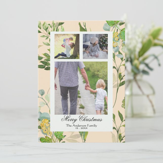 Acuarela Verdor y bayas 3 Foto Navidad (Anverso de pie)