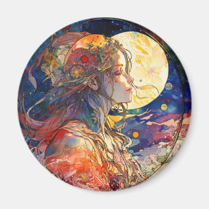 Acuarela vibrante de Chica y imán lunar