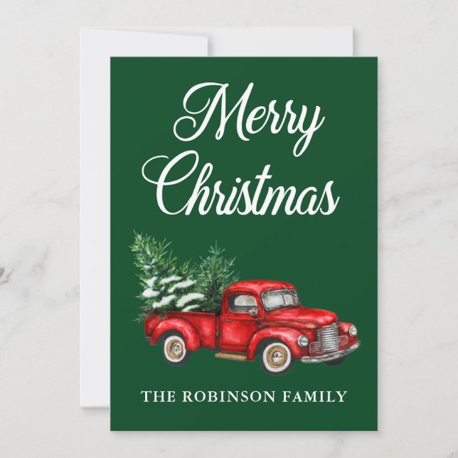 Acuarela Vintage Camión Rojo Feliz Navidad Verde (Anverso)