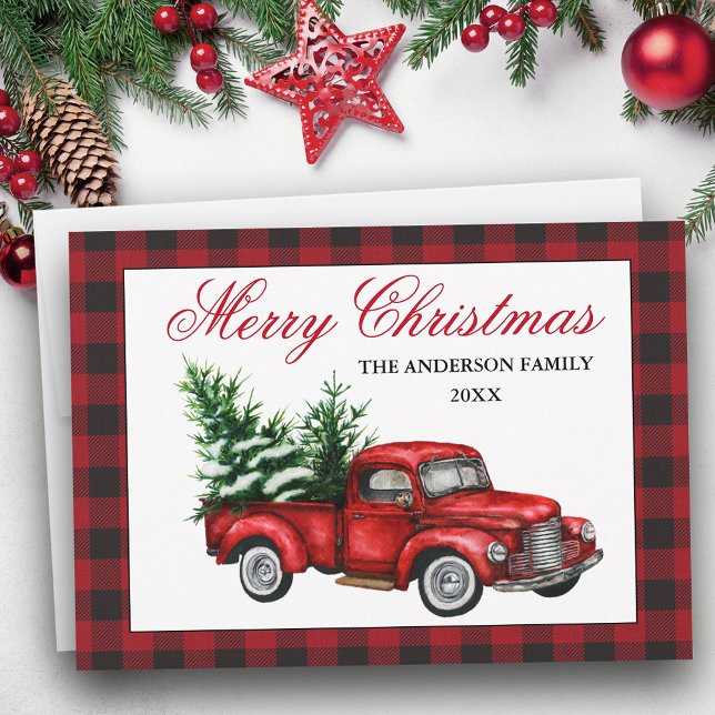 Acuarela Vintage Camión Rojo Merry Navidad Placa (Customize to change text size or text style.)