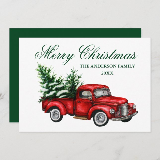 Acuarela Vintage Camión Rojo Verde Feliz Navidad (Anverso / Reverso)