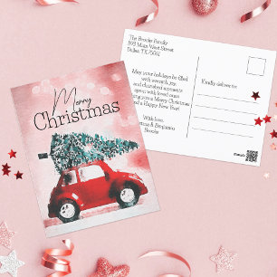 Acuarela Vintage Coche Rojo Feliz Navidad
