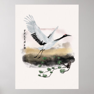 Acuarela Volando Grúa Libertad De Pino Arte Japoné