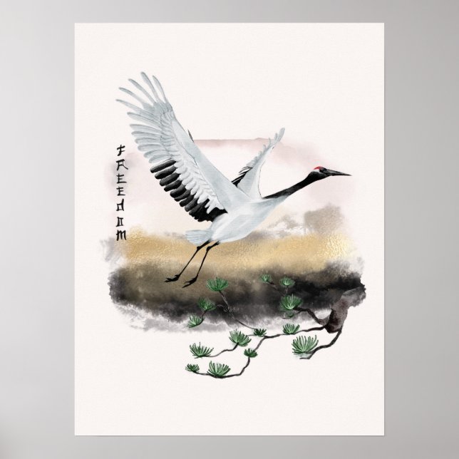 Acuarela Volando Grúa Libertad De Pino Arte Japoné (Frente)