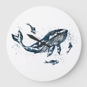 Acuarela Whal en reloj de pared azul