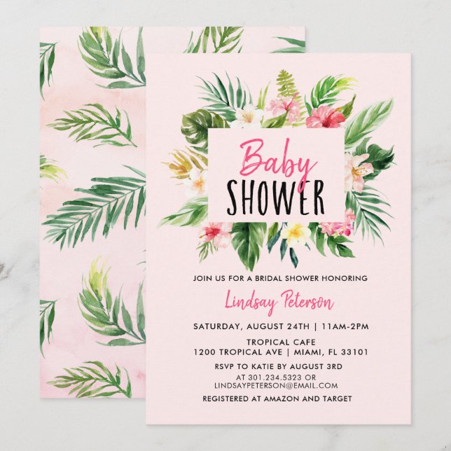 AcuarelaFlores tropicales Invitación a Baby Shower (Anverso / Reverso)