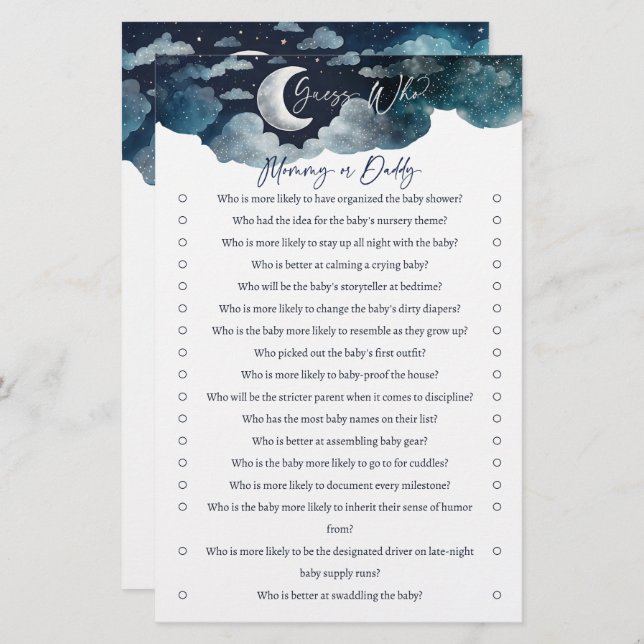 Adivina quién es la tarjeta de juego para la ducha (Anverso / Reverso)