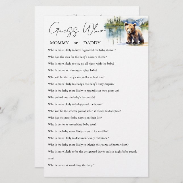 Adivina quién es la tarjeta de juego para la ducha (Anverso / Reverso)