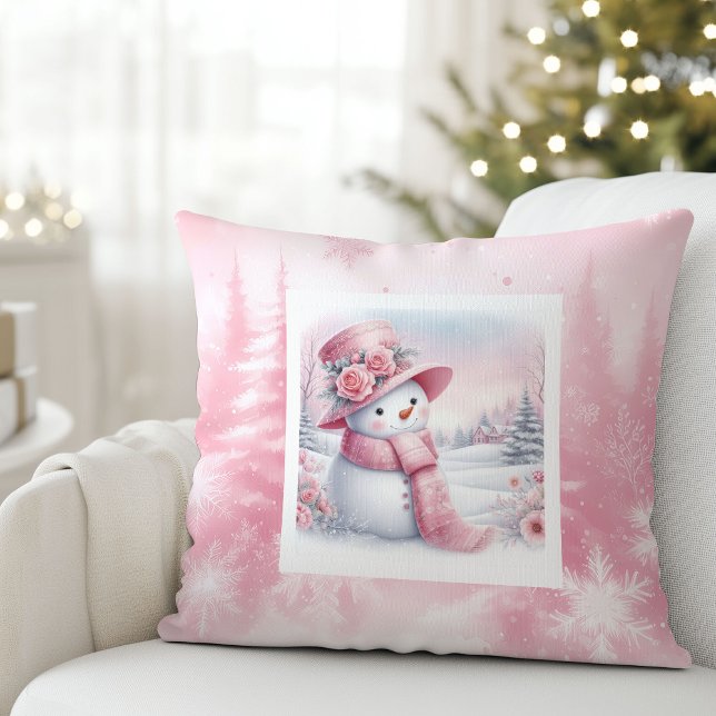 Adorable Almohada de Nieve Rosa Pinkmas (Adorable Pink Snowman Pillow Forest Pinkmas)