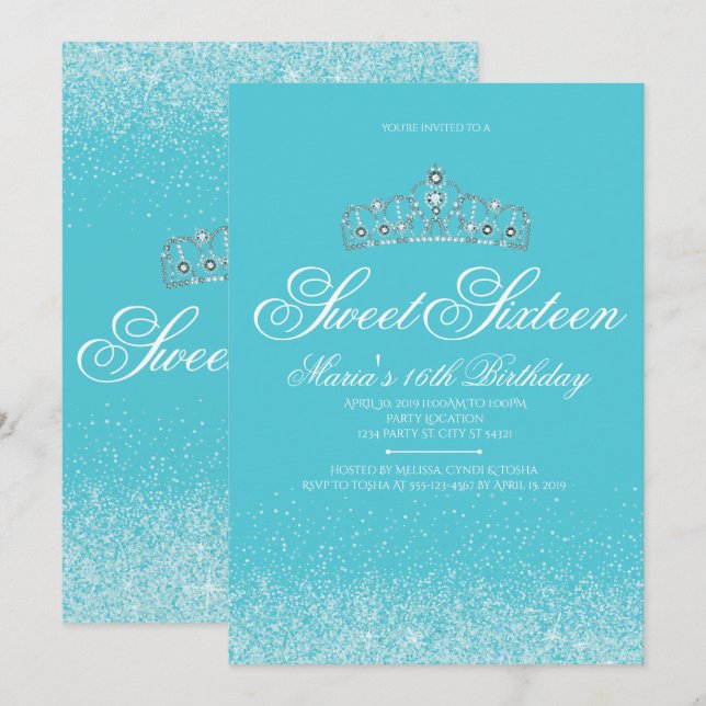 Adorable Aqua Purpurina, Dulce 16 Invitaciones (Anverso / Reverso)