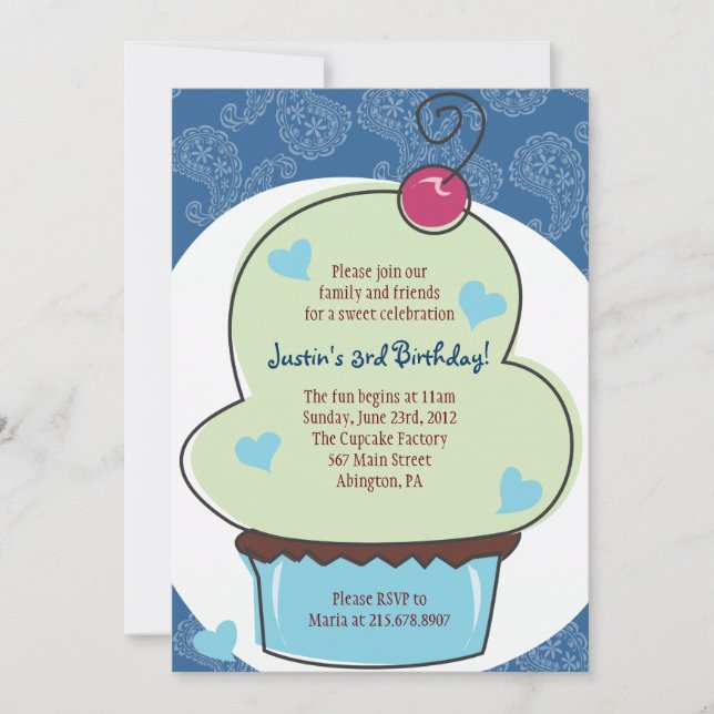 Adorable Blue Cupcake Invitación de cumpleaños (Anverso)