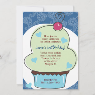 Adorable Blue Cupcake Invitación de cumpleaños