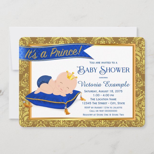 Adorable Blue Gold Prince Baby Shower Invitaciones (Anverso)