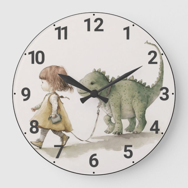 Adorable chica caminando dinosaurio reloj de pared (Anverso)