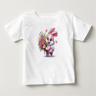 Adorable conejo rosa con flores bebé camiseta de n