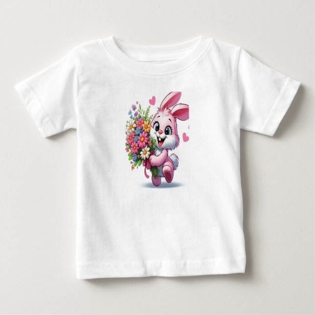 Adorable conejo rosa con flores bebé camiseta de n (Anverso)