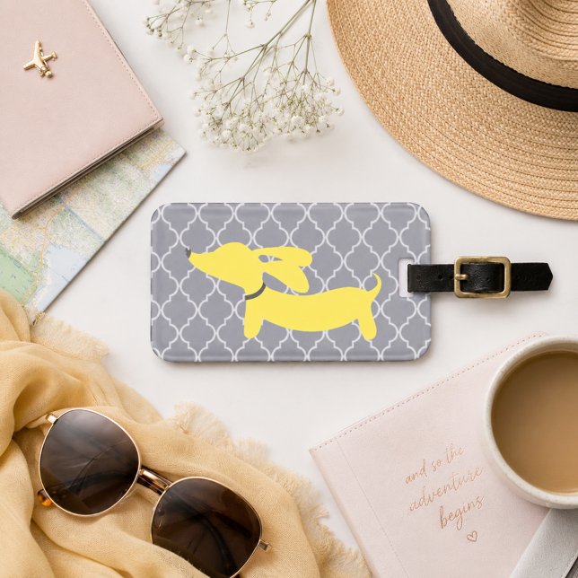 Adorable Dachshund Etiqueta para Equipaje Amarillo (Wiener dog luggage tag yellow and gray
)