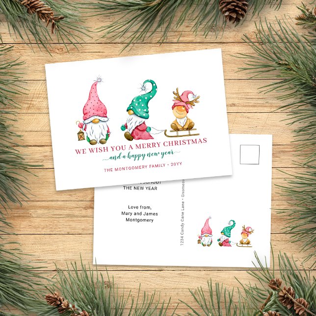 Adorable Gnomos de Navidad (Cute Christmas Gnomes Holiday Post Card)