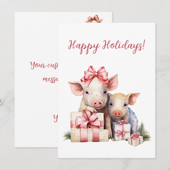 Adorable Happy Holidays Piggies Watercolor Cards (Anverso / Reverso)