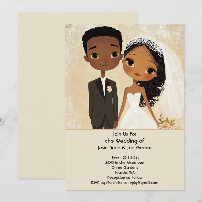 Adorable invitación a bodas afroamericanas (Anverso / Reverso)