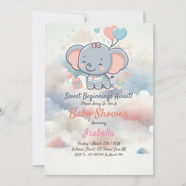 Adorable invitación Baby Shower con nubes oníricas (Anverso)
