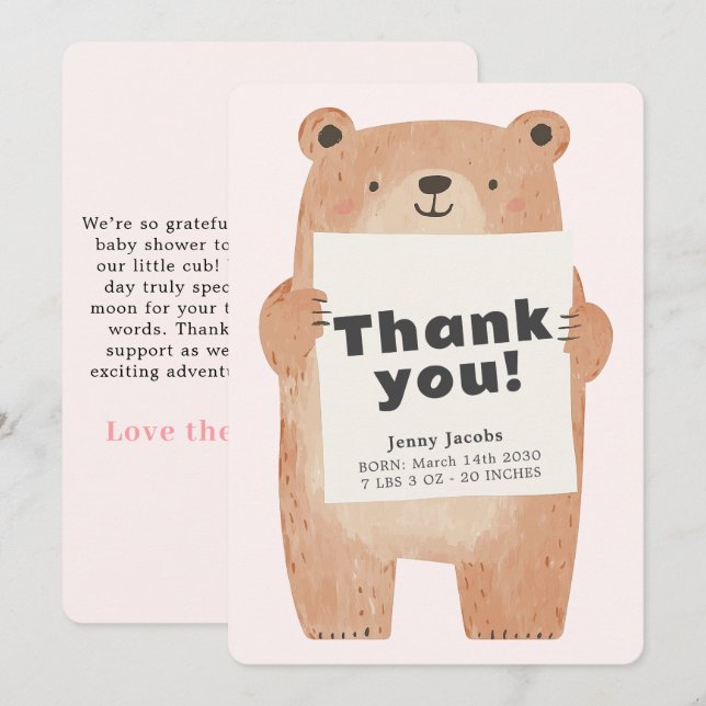 Adorable Invitación De Bebé De Oso Rosa Gracias (Anverso / Reverso)