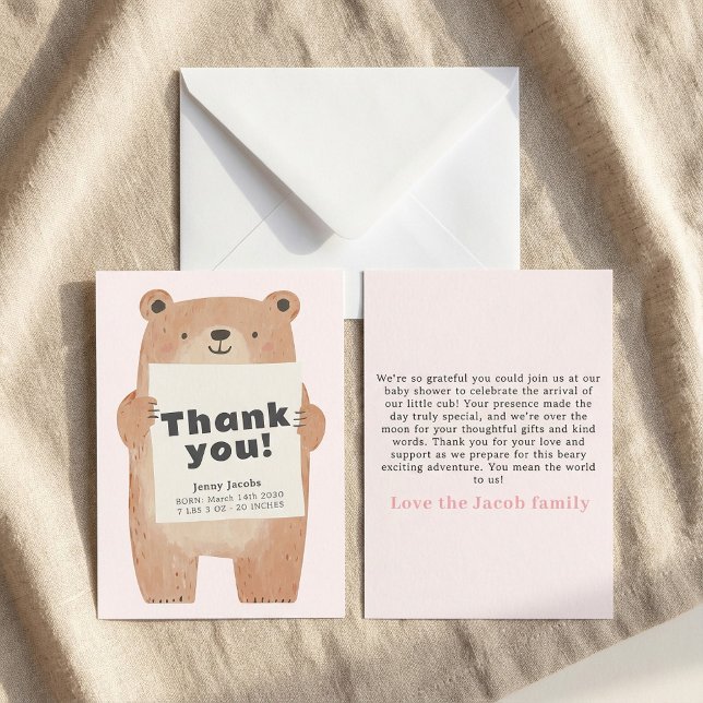 Adorable Invitación De Bebé De Oso Rosa Gracias (Adorable Pink Bear Baby Announcement Thank You.)