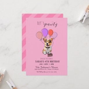 Adorable Invitación de Cumpleaños de Corgi Rosa Ju