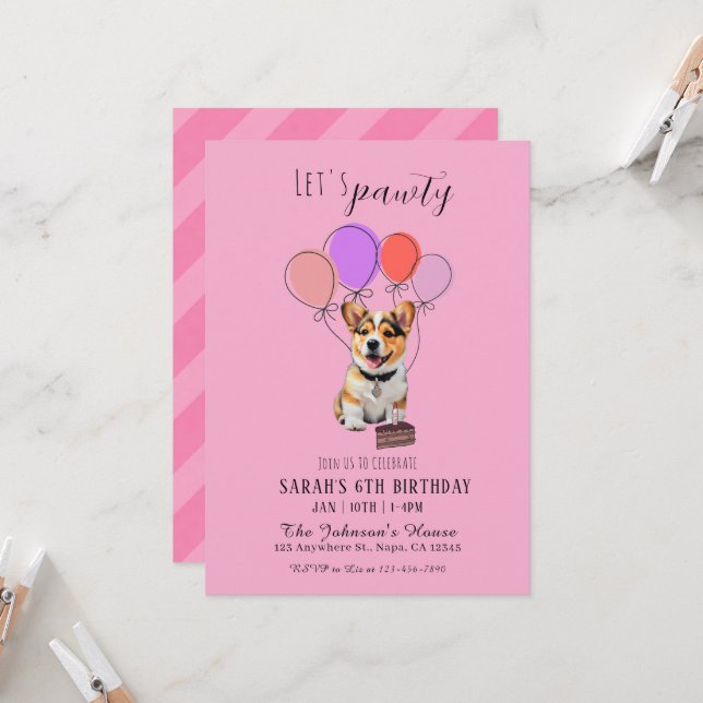 Adorable Invitación de Cumpleaños de Corgi Rosa Ju (Anverso/Reverso In Situ)