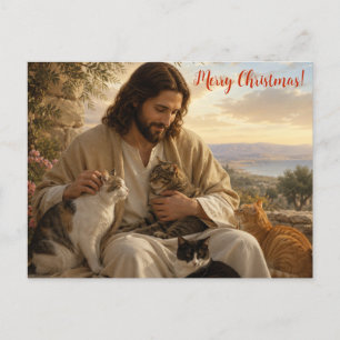 ¡Adorable Jesús con gatos tarjeta postal de Navida