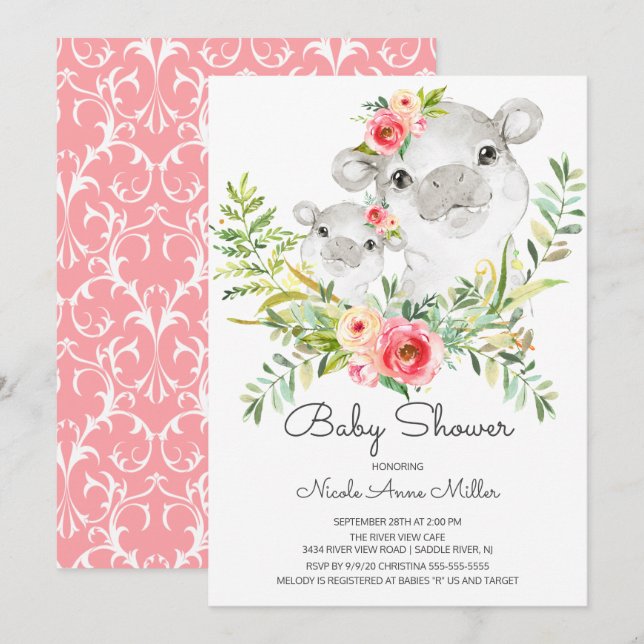 Adorable Jungle Hippo Invitación a Baby Shower (Anverso / Reverso)
