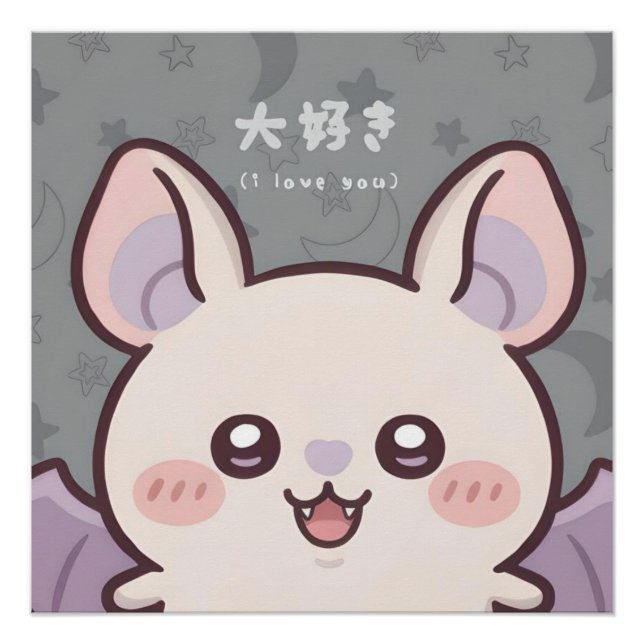 Adorable Kawaii Bat Poster - "Daisuki" (I Love You (Anverso)