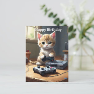 Adorable kitten gamer, tarjeta de cumpleaños