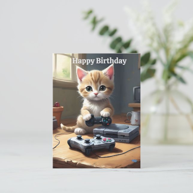 Adorable kitten gamer, tarjeta de cumpleaños (Anverso de pie)