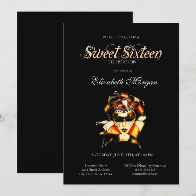 Adorable Máscara Veneziama Invitación Negra Cumple (Anverso / Reverso)