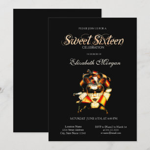 Adorable Máscara Veneziama Invitación Negra Cumple